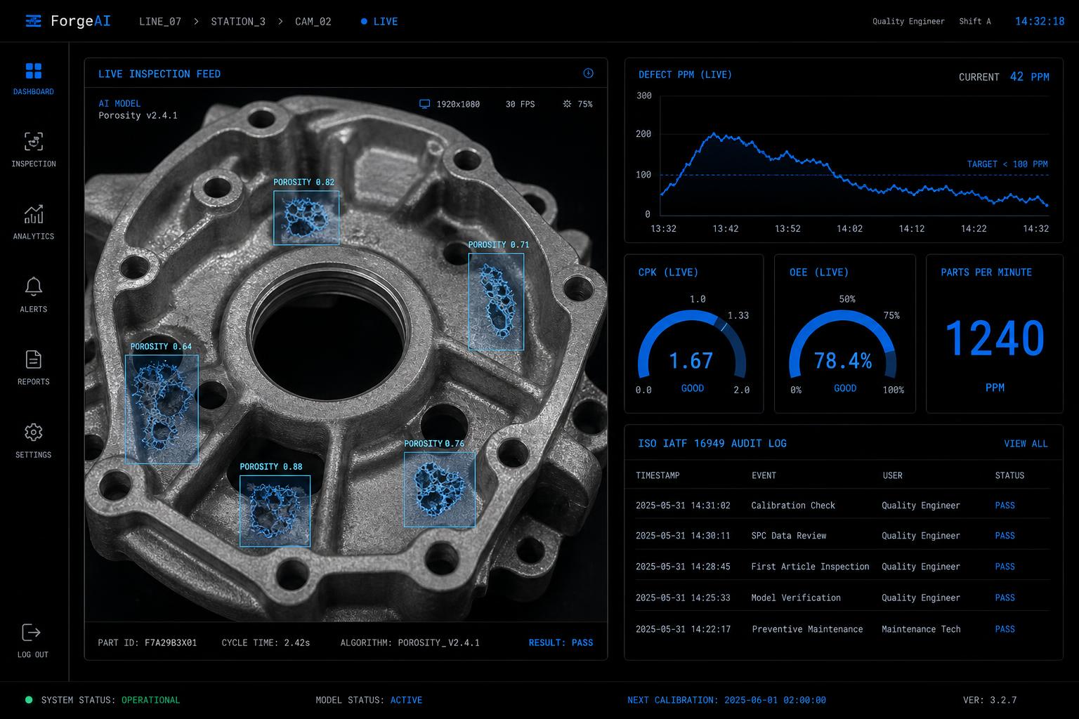 Live inspection dashboard with defect overlays, Cpk, OEE, and IATF 16949 audit log